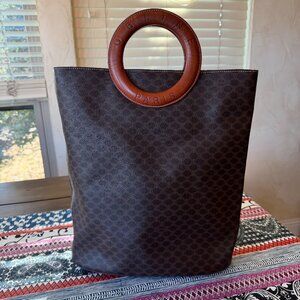 Celine Round Circle Handle Brown Macadam Coated Canvas Tote, Rare, Vintage